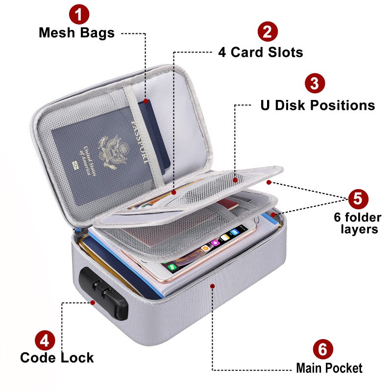 ENGPOW Small Fireproof Storage Organizer Case with Lock(9.4? 5.9? 3.2  3-Layer Money Safe Coin Organizer Wallet Bag for Cash Card Passport Check Bill Travel Home Organizer Carrying Case Silver - Image 3